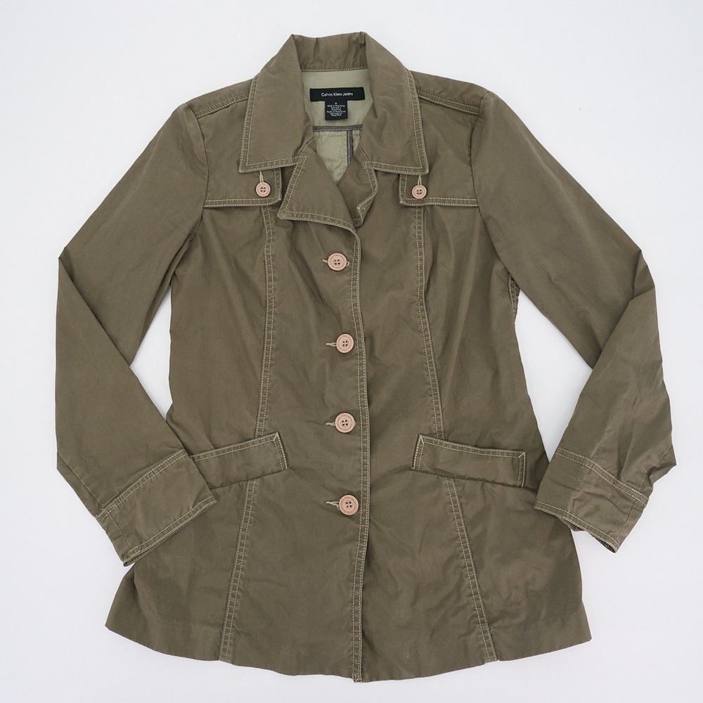 Calvin Klein Jeans Olive Green Cotton Trench Jacket Contrast Stitch Fitted